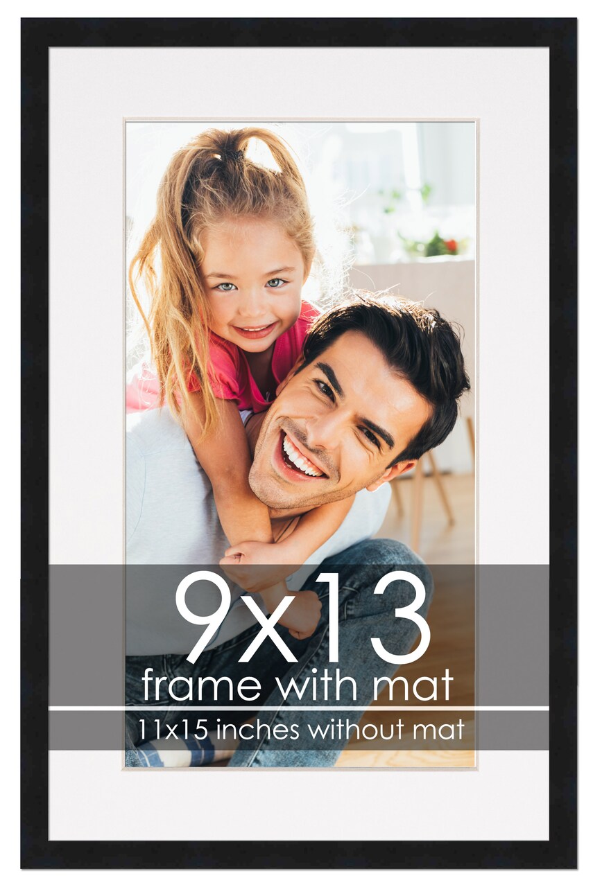 9x13 Frame with Mat - Black 11x15 Frame Wood Made to Display Print or Poster Measuring 9 x 13 Inches with White Photo Mat